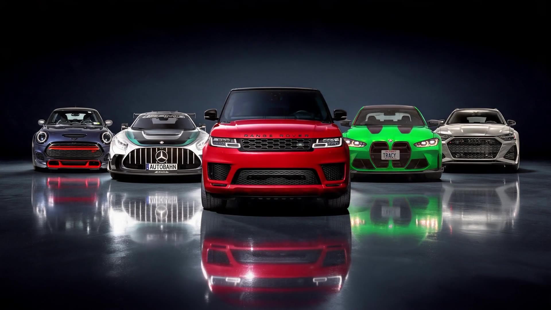 European vehicles lined up in the Autobahn Motors studio shot